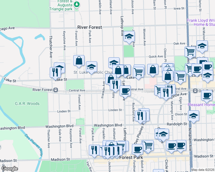 map of restaurants, bars, coffee shops, grocery stores, and more near 407 Franklin Avenue in River Forest
