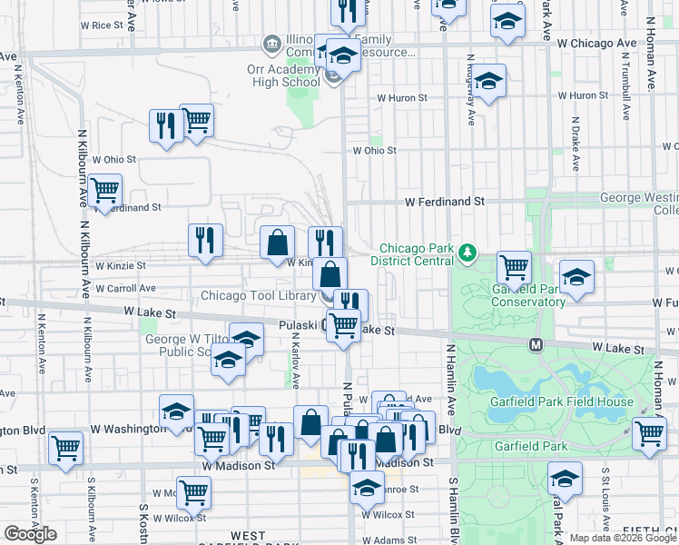 map of restaurants, bars, coffee shops, grocery stores, and more near 368 North Pulaski Road in Chicago