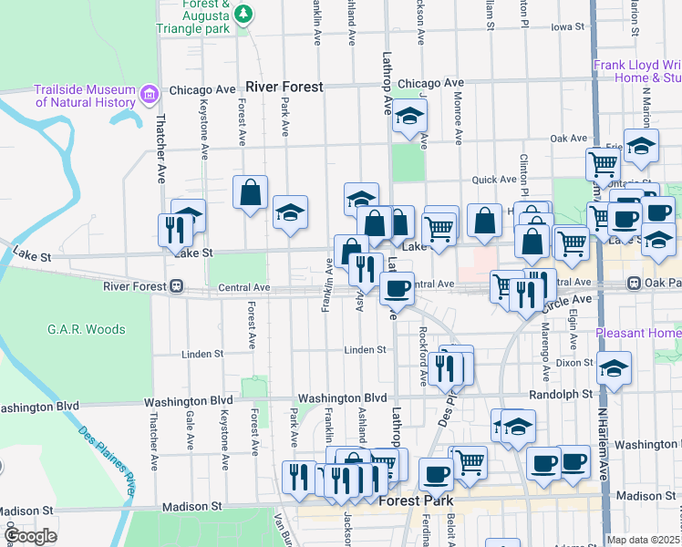 map of restaurants, bars, coffee shops, grocery stores, and more near 407 Franklin Avenue in River Forest