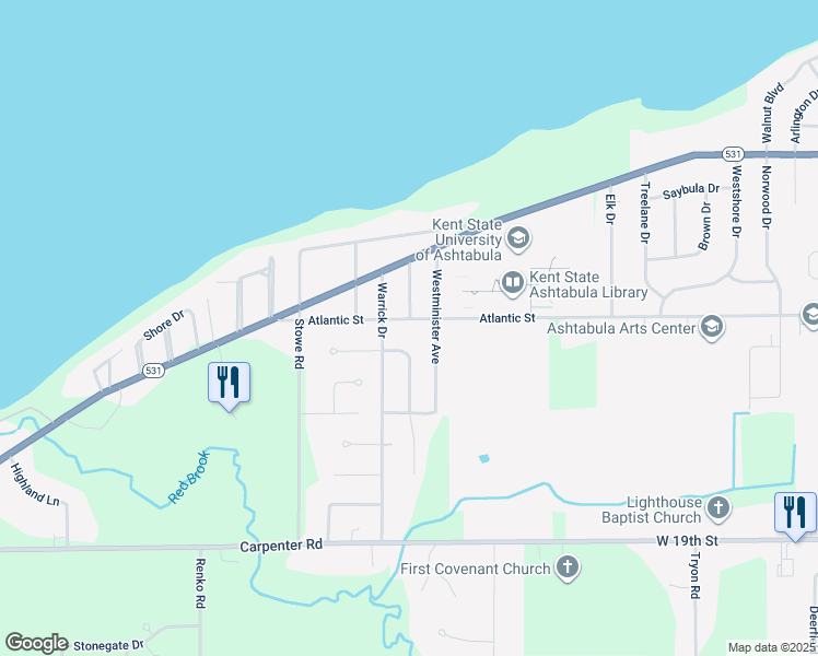 map of restaurants, bars, coffee shops, grocery stores, and more near 3800 Atlantic Street in Ashtabula