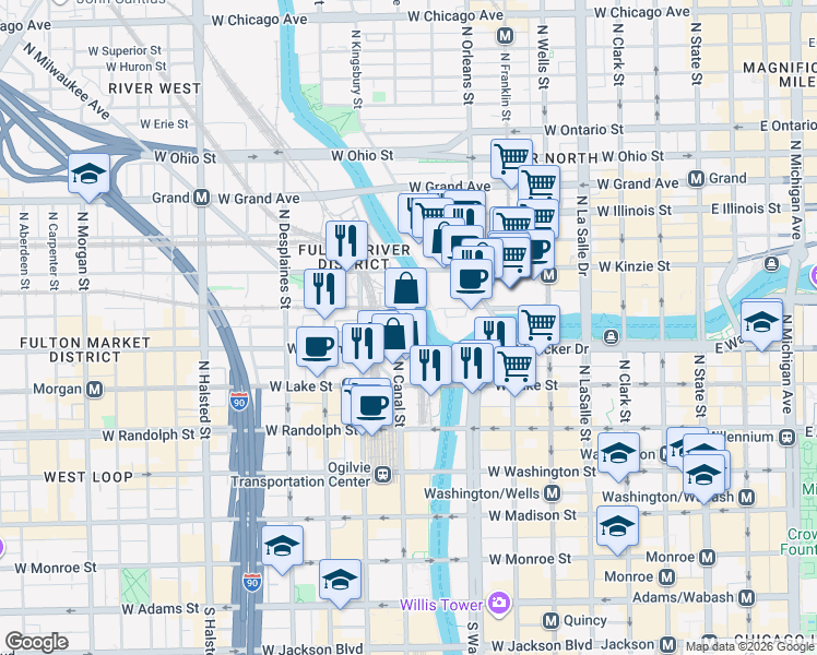 map of restaurants, bars, coffee shops, grocery stores, and more near 333 North Canal Street in Chicago
