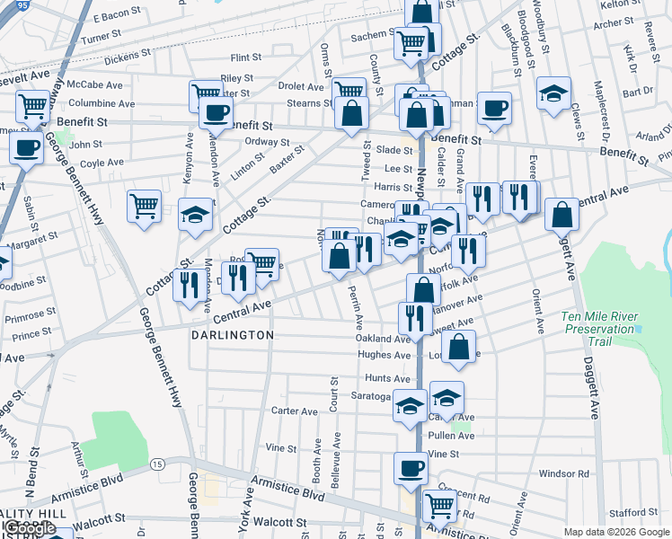 map of restaurants, bars, coffee shops, grocery stores, and more near 15 Halliday Street in Pawtucket