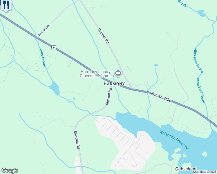 map of restaurants, bars, coffee shops, grocery stores, and more near 14 Highland Road in Glocester
