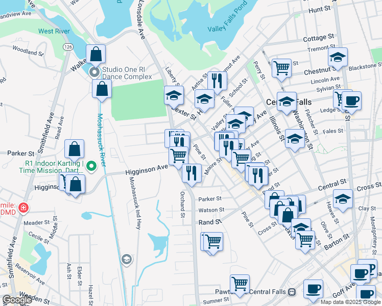 map of restaurants, bars, coffee shops, grocery stores, and more near 23 Tiffany Street in Central Falls