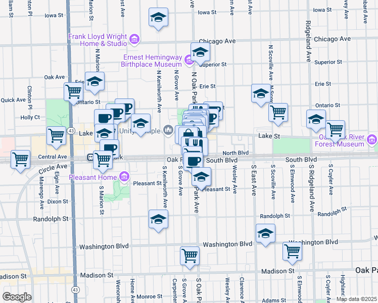 map of restaurants, bars, coffee shops, grocery stores, and more near 806 North Boulevard in Oak Park