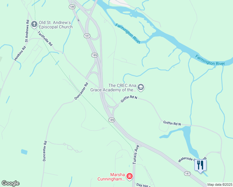 map of restaurants, bars, coffee shops, grocery stores, and more near 434 Tunxis Avenue in Bloomfield