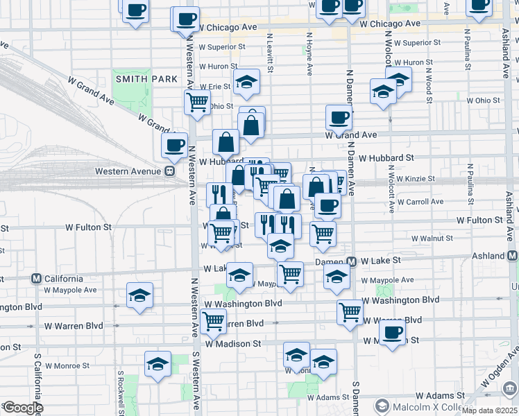 map of restaurants, bars, coffee shops, grocery stores, and more near 325 North Bell Avenue in Chicago