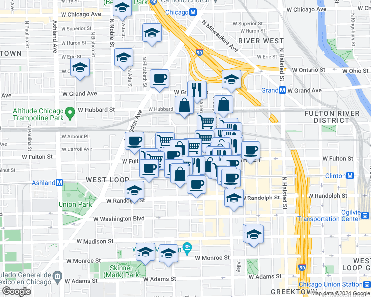 map of restaurants, bars, coffee shops, grocery stores, and more near 312 North May Street in Chicago