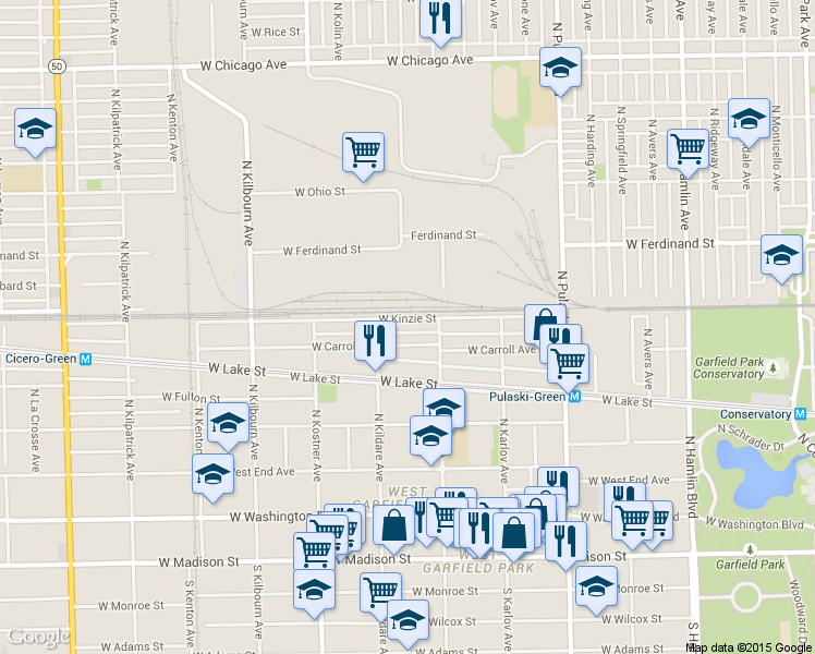 map of restaurants, bars, coffee shops, grocery stores, and more near 4231 West Kinzie Street in Chicago