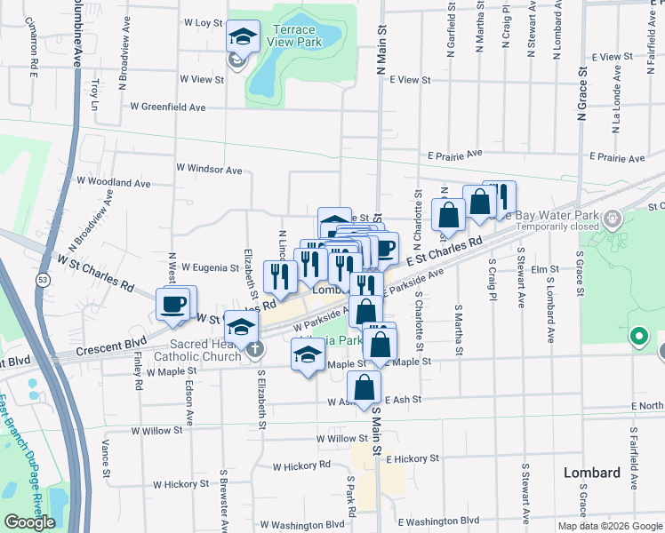 map of restaurants, bars, coffee shops, grocery stores, and more near 16 N Park Ave in Lombard