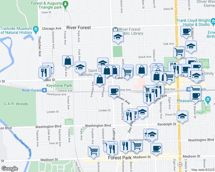 map of restaurants, bars, coffee shops, grocery stores, and more near 418 Ashland Avenue in River Forest