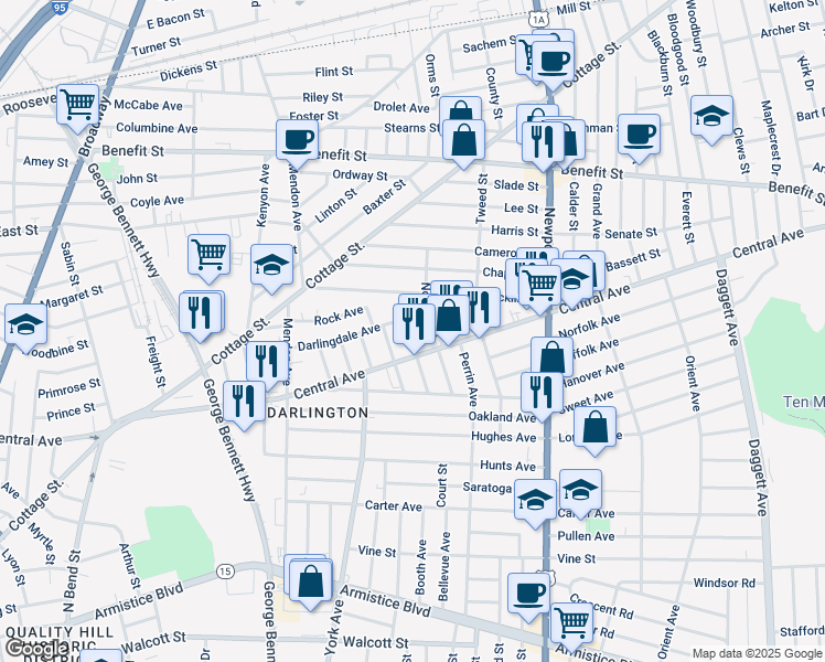 map of restaurants, bars, coffee shops, grocery stores, and more near 51 Makin Street in Pawtucket