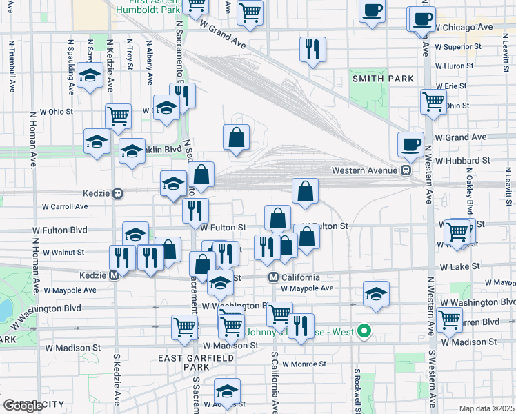 map of restaurants, bars, coffee shops, grocery stores, and more near 330 West Fulton Street in Chicago