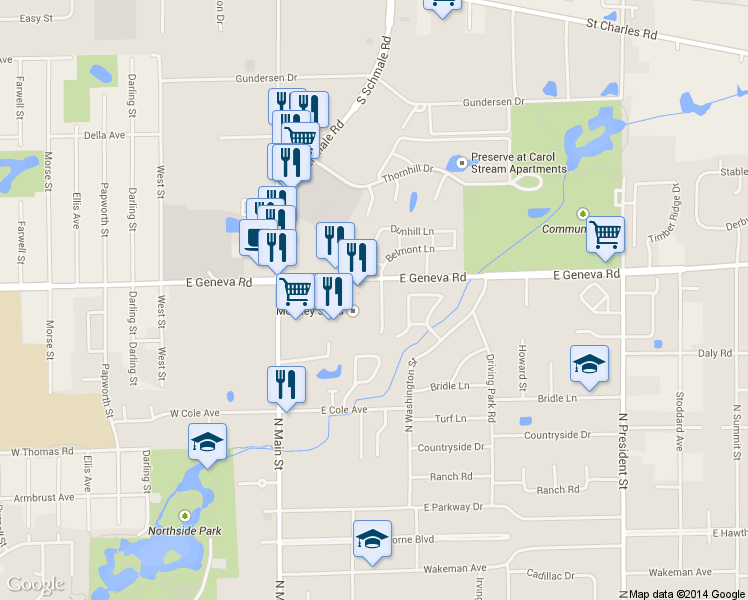map of restaurants, bars, coffee shops, grocery stores, and more near 2106 Hallmark Court in Wheaton