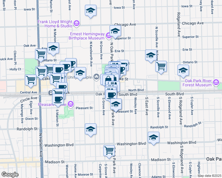 map of restaurants, bars, coffee shops, grocery stores, and more near 806 North Boulevard in Oak Park