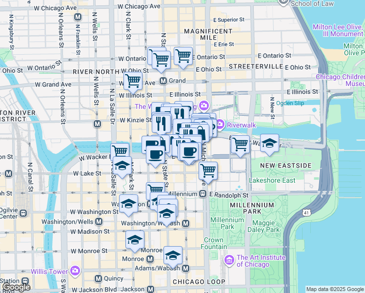map of restaurants, bars, coffee shops, grocery stores, and more near 325 North Wabash Avenue in Chicago