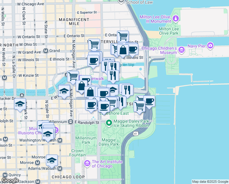 map of restaurants, bars, coffee shops, grocery stores, and more near 345 East Wacker Drive in Chicago