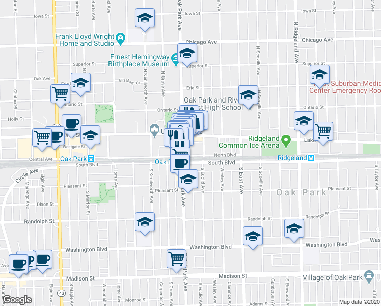 map of restaurants, bars, coffee shops, grocery stores, and more near 720 North Boulevard in Oak Park