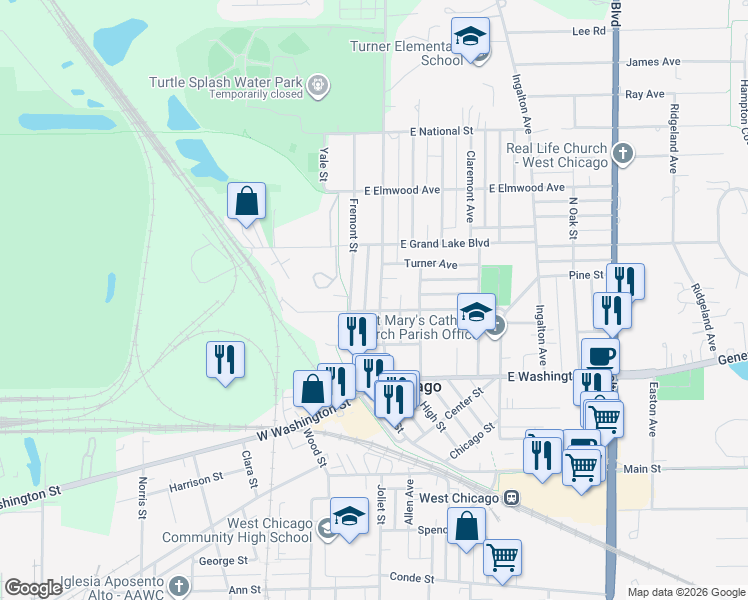map of restaurants, bars, coffee shops, grocery stores, and more near 308 Arbor Avenue in West Chicago