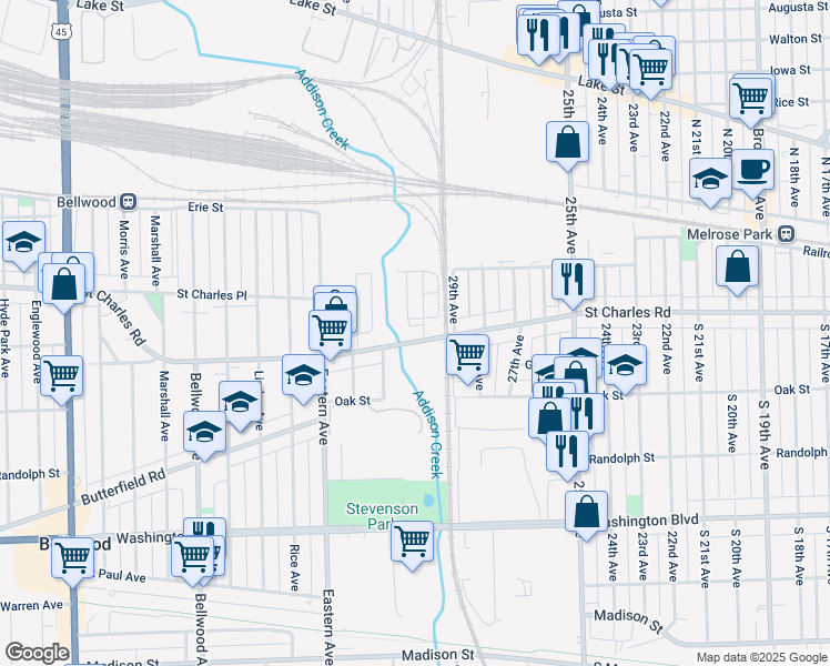 map of restaurants, bars, coffee shops, grocery stores, and more near 3005 Saint Charles Road in Bellwood