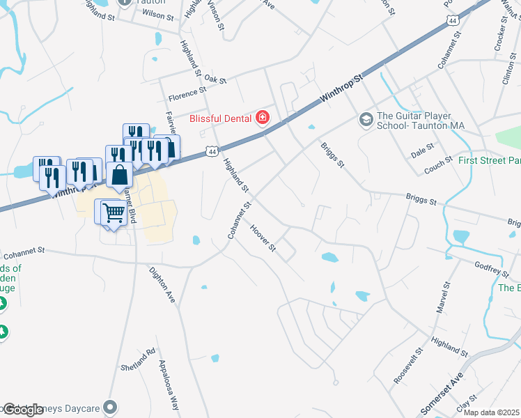 map of restaurants, bars, coffee shops, grocery stores, and more near 142 Highland Street in Taunton