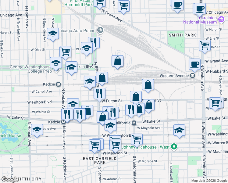 map of restaurants, bars, coffee shops, grocery stores, and more near 332 North Francisco Avenue in Chicago