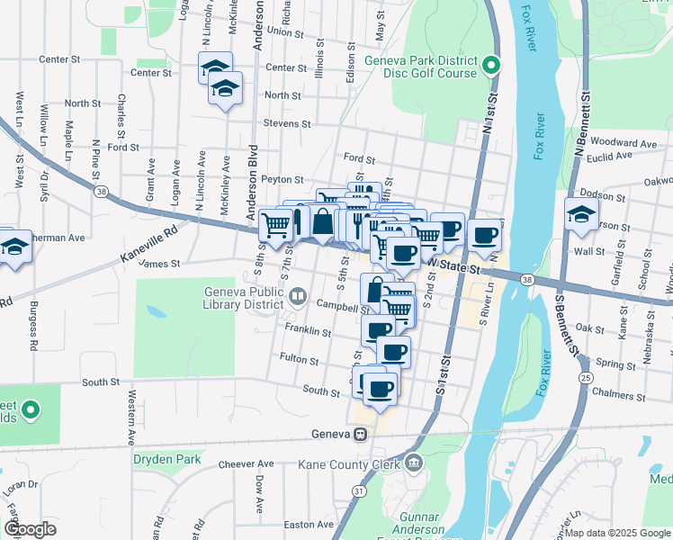 map of restaurants, bars, coffee shops, grocery stores, and more near 28 S 5th St in Geneva