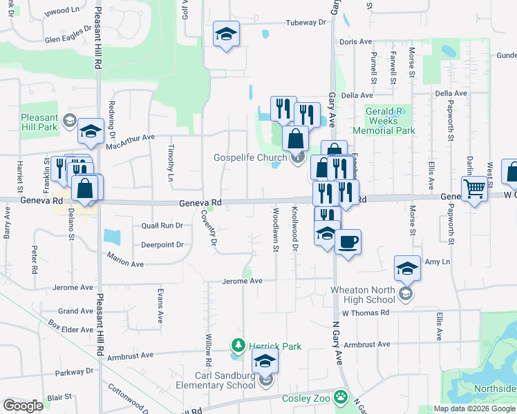 map of restaurants, bars, coffee shops, grocery stores, and more near N781 Waverly Court in Wheaton