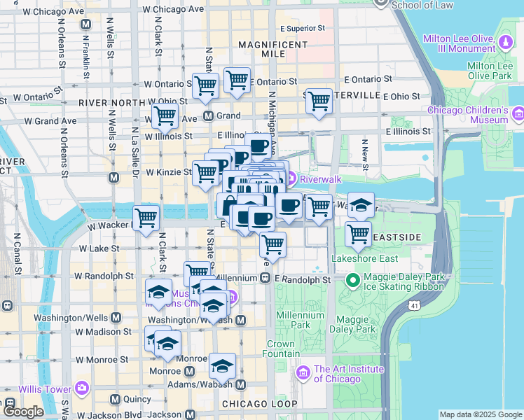 map of restaurants, bars, coffee shops, grocery stores, and more near 320 North Michigan Avenue in Chicago