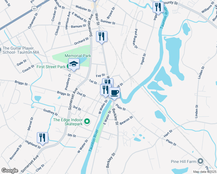 map of restaurants, bars, coffee shops, grocery stores, and more near 527 Weir Street in Taunton