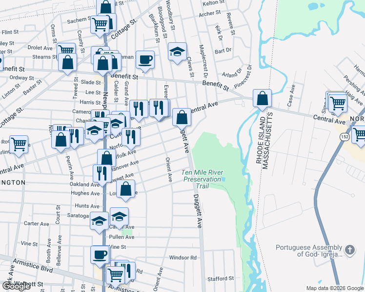 map of restaurants, bars, coffee shops, grocery stores, and more near 194 Hanover Avenue in Pawtucket