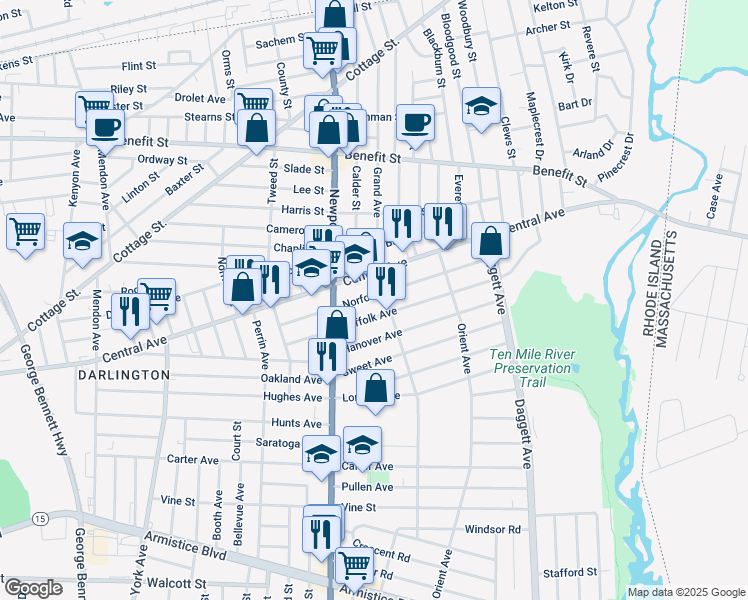 map of restaurants, bars, coffee shops, grocery stores, and more near 149 Norfolk Avenue in Pawtucket