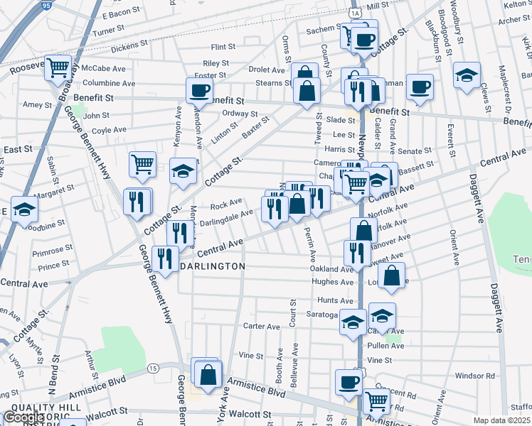map of restaurants, bars, coffee shops, grocery stores, and more near 51 Makin Street in Pawtucket