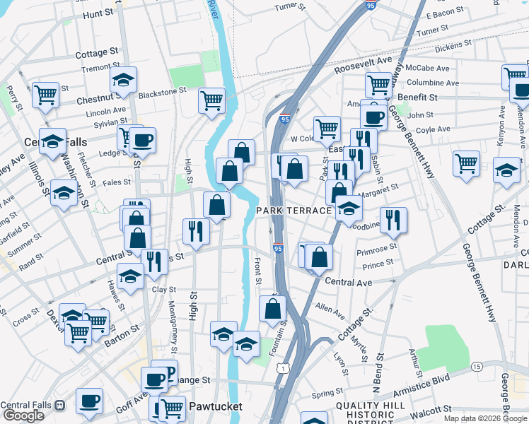 map of restaurants, bars, coffee shops, grocery stores, and more near 198 Middle Street in Pawtucket
