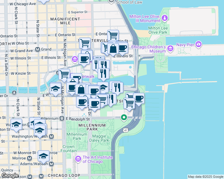 map of restaurants, bars, coffee shops, grocery stores, and more near 234 Chicago Riverwalk in Chicago