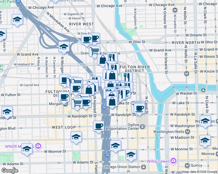 map of restaurants, bars, coffee shops, grocery stores, and more near 660 West Wayman Street in Chicago