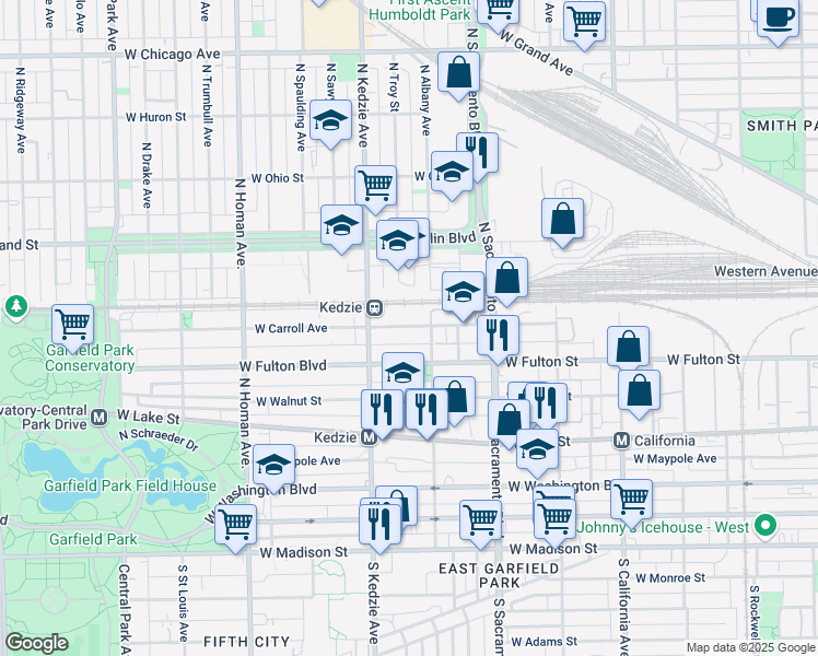 map of restaurants, bars, coffee shops, grocery stores, and more near 3122 West Carroll Avenue in Chicago