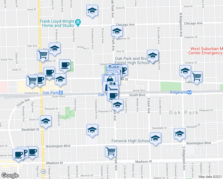 map of restaurants, bars, coffee shops, grocery stores, and more near 806 North Boulevard in Oak Park