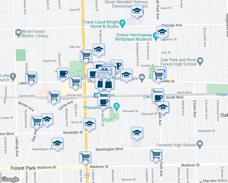 map of restaurants, bars, coffee shops, grocery stores, and more near 1006 North Boulevard in Oak Park