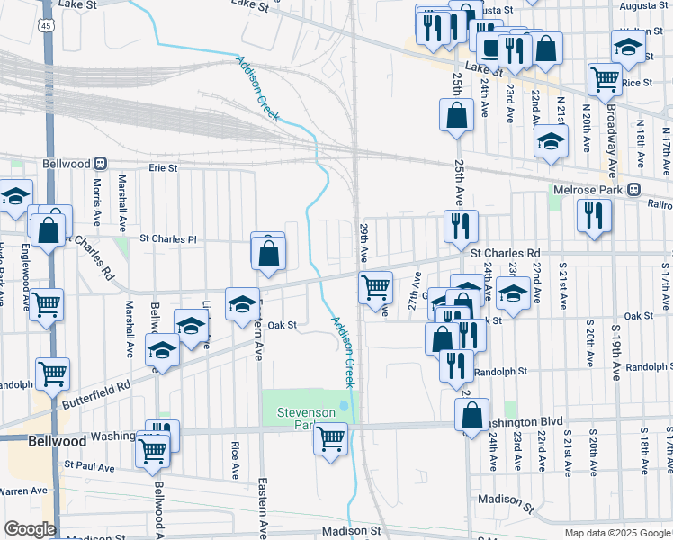 map of restaurants, bars, coffee shops, grocery stores, and more near 3005 Saint Charles Road in Bellwood