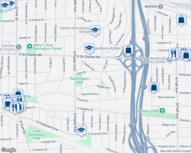 map of restaurants, bars, coffee shops, grocery stores, and more near 361 Parkview Avenue in Elmhurst