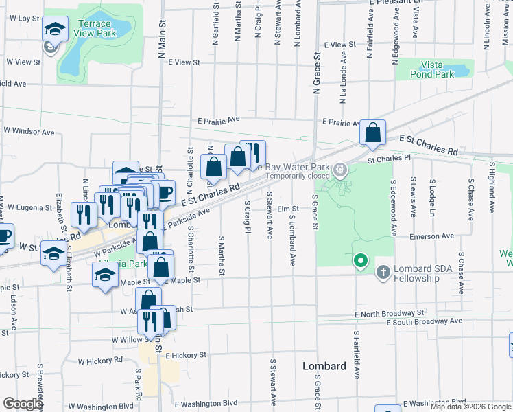 map of restaurants, bars, coffee shops, grocery stores, and more near 302 Elm Street in Lombard