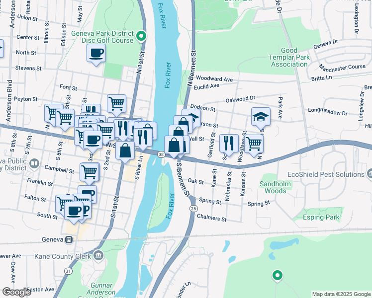 map of restaurants, bars, coffee shops, grocery stores, and more near 24 Fox River Trail (Algonquin to Aurora) in Geneva
