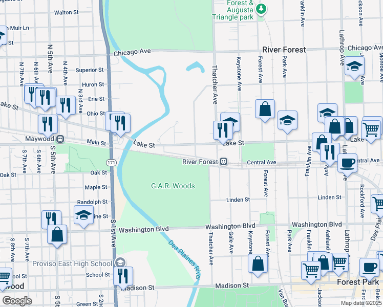 map of restaurants, bars, coffee shops, grocery stores, and more near 414 Edgewood Place in River Forest
