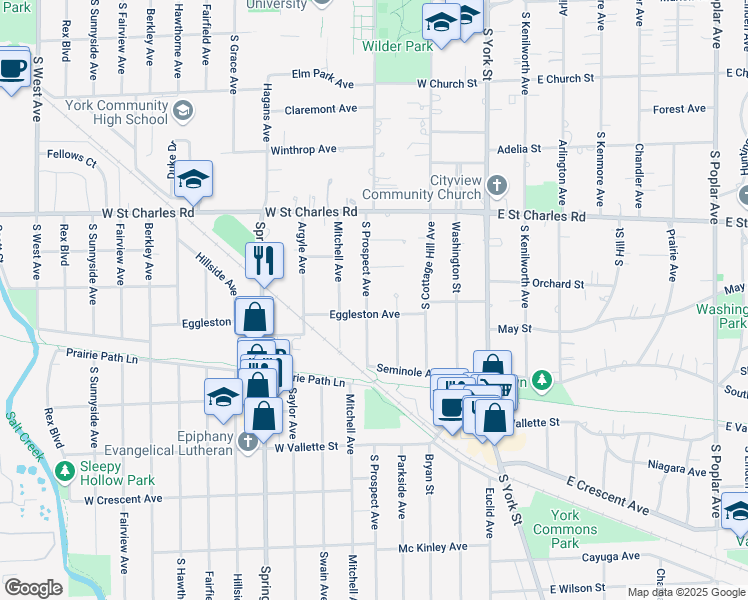 map of restaurants, bars, coffee shops, grocery stores, and more near 447 South Prospect Avenue in Elmhurst