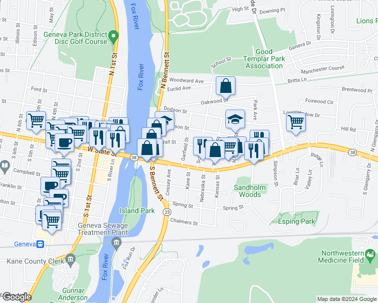 map of restaurants, bars, coffee shops, grocery stores, and more near 31 Garfield Street in Geneva