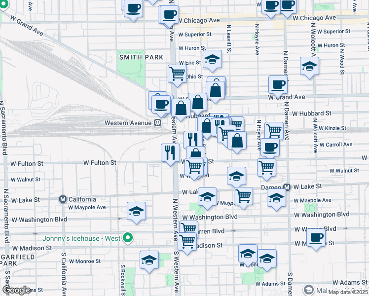 map of restaurants, bars, coffee shops, grocery stores, and more near 328 North Claremont Avenue in Chicago