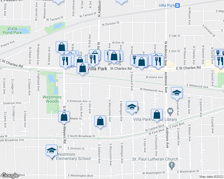 map of restaurants, bars, coffee shops, grocery stores, and more near 109 South Wisconsin Avenue in Villa Park