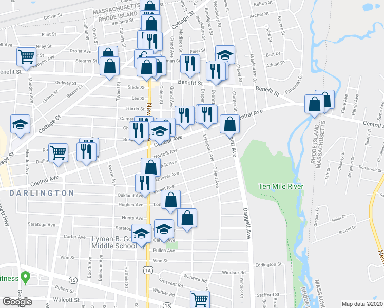 map of restaurants, bars, coffee shops, grocery stores, and more near 194 Suffolk Avenue in Pawtucket