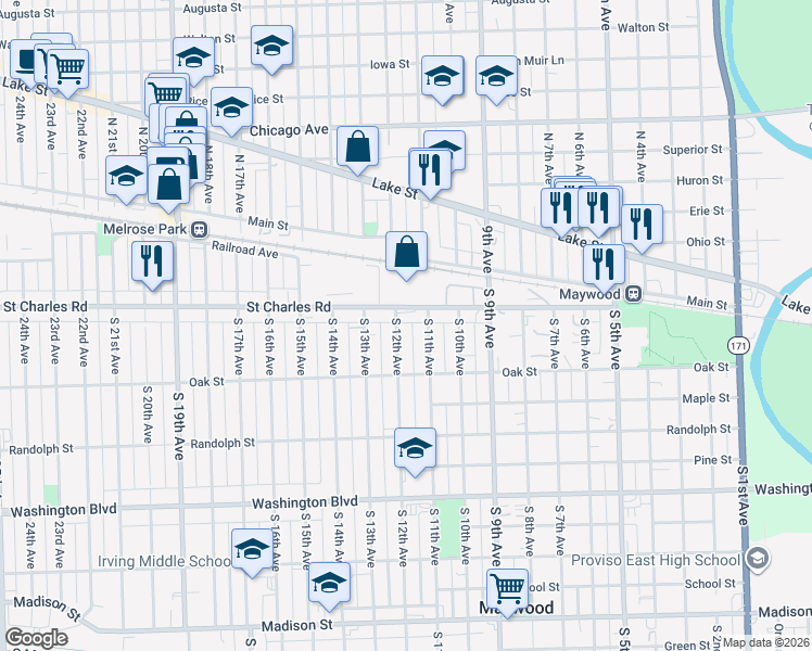 map of restaurants, bars, coffee shops, grocery stores, and more near 111 South 12th Avenue in Maywood